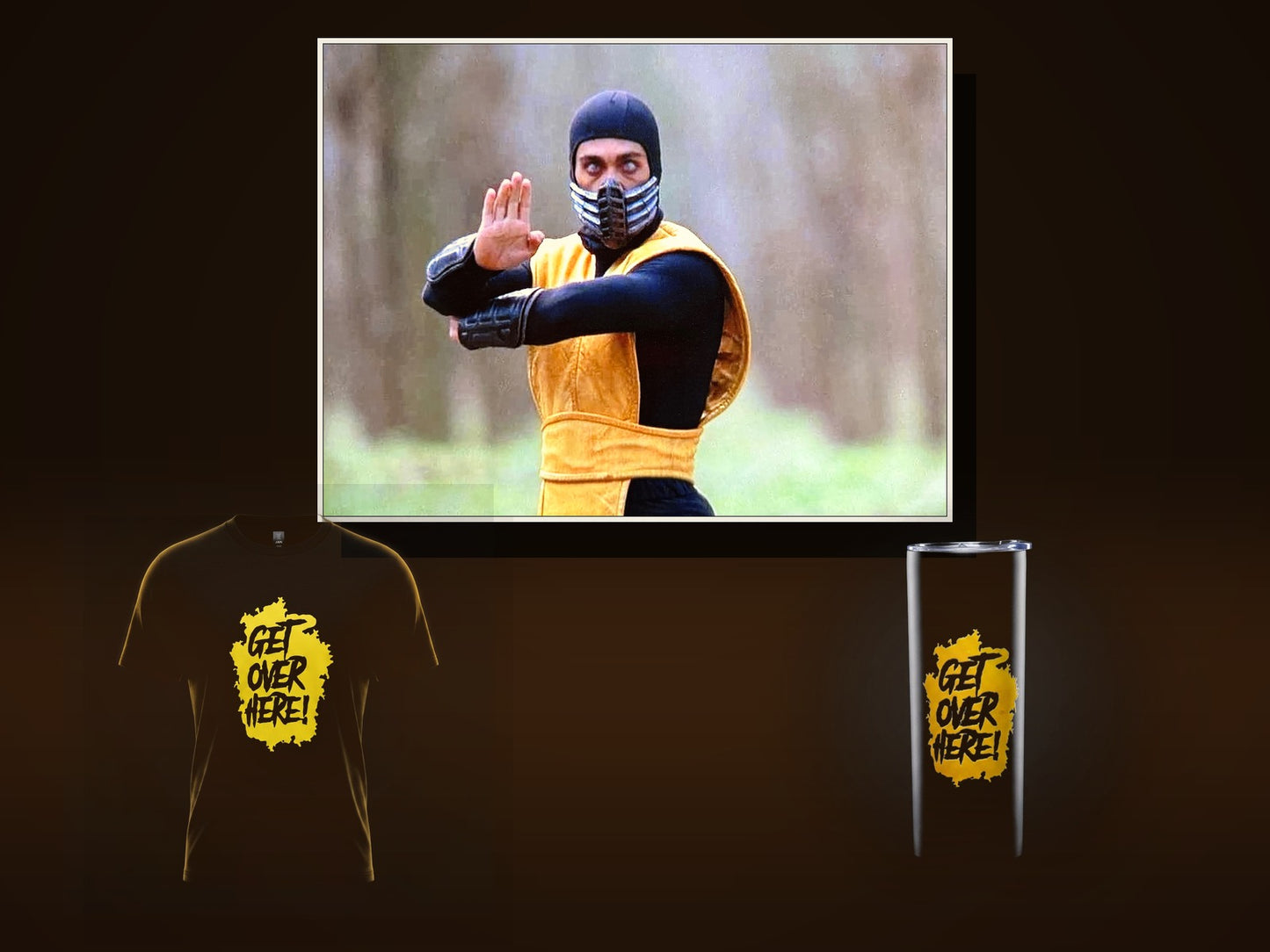 Horizontal signed 8x10 photo of Chris Casamassa as Scorpion above the black 'Get Over Here!' tee and 20 oz stainless tumbler — Collector Pack Fan Pack bundle.