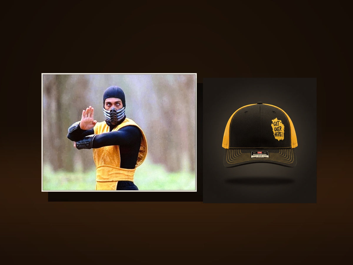 The Starter Pack: autographed horizontal 8x10 of Chris Casamassa as Scorpion next to the black and gold "Get Over Here!" Richardson trucker hat with gold mesh back
