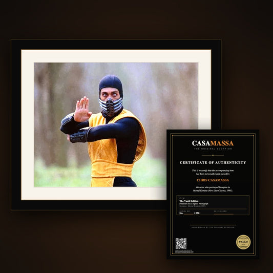 Framed horizontal 8x10 signed photo of Chris Casamassa as Scorpion in a black frame with white matting, shown next to the Casamassa numbered Certificate of Authenticity — Vault Edition Fan Pack.