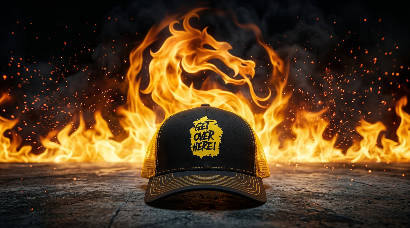 Get Over Here! Scorpion trucker hat - flames lifestyle shot