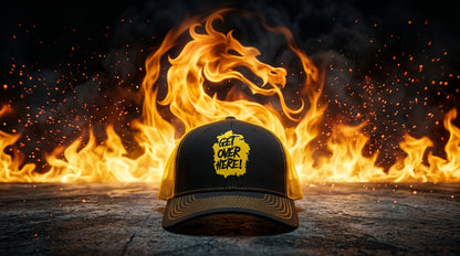 Get Over Here! Scorpion trucker hat - flames lifestyle shot