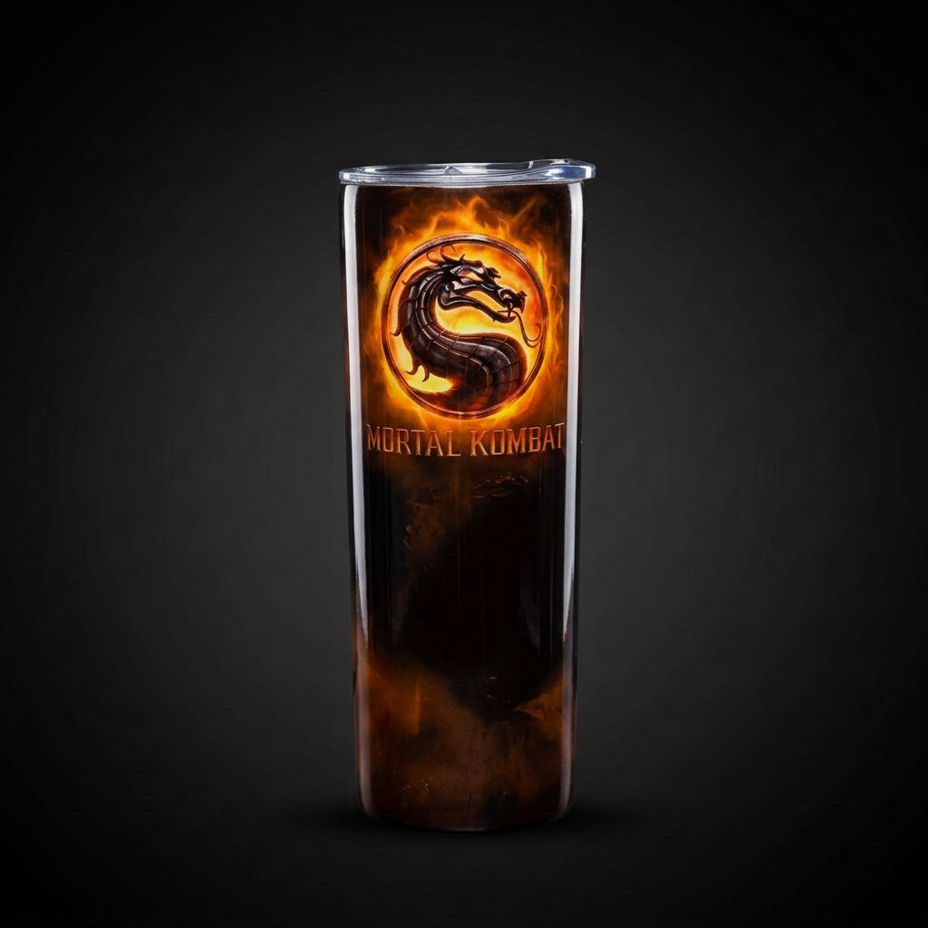 Mortal Kombat Wrap — back of 20 oz tumbler with flaming Mortal Kombat dragon logo