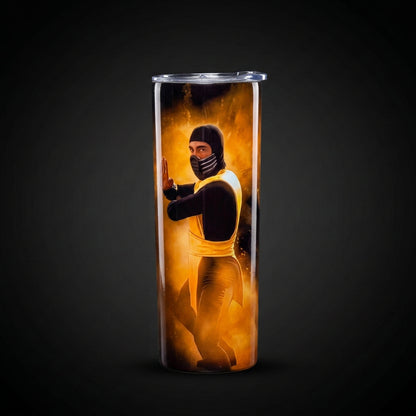 Mortal Kombat Wrap — 20 oz tumbler with Scorpion in classic stance, orange fire wrap